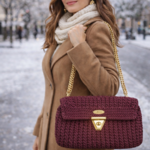 Handgehäkelte Schultertasche „Burgundy Grace“ in Burgunderrot mit goldfarbener Kette und Verschluss