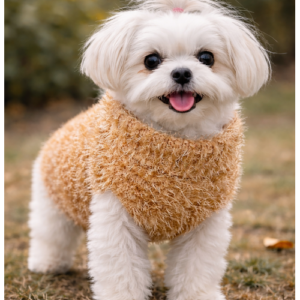 Kleiner Hund trägt flauschigen Honey Kuschelpullover in Honigfarbe im Freien