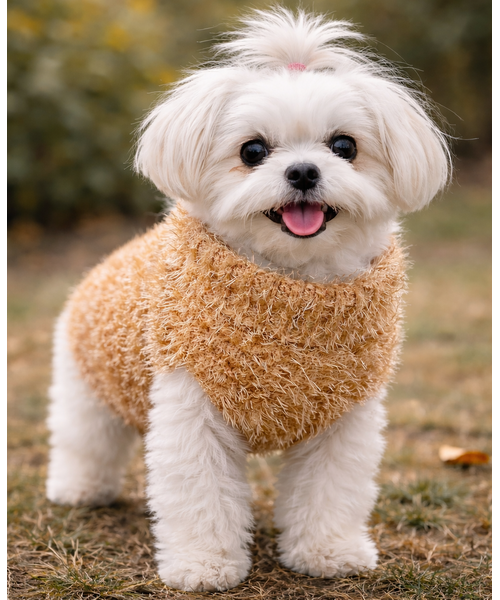 Kleiner Hund trägt flauschigen Honey Kuschelpullover in Honigfarbe im Freien