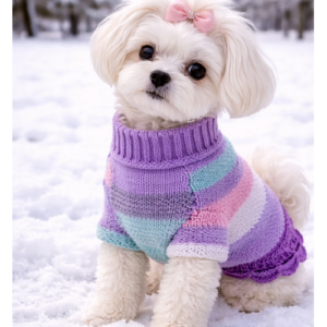 Kleiner Hund trägt Regenbogenpfötchen Kuschelpullover aus Wolle im Schnee
