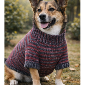Hund trägt handgestrickten rotgrauen Kuschelpullover und sitzt im Freien an einem Herbsttag