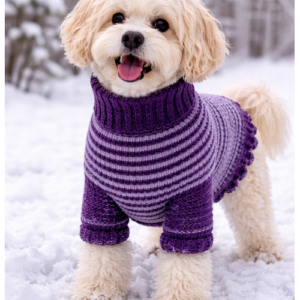 Mittelgroßer Hund trägt Velvet Hundepullover aus Chenille in Lila im Schnee