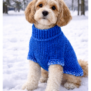 Mittelgroßer Hund trägt Winterpfote Blau Hundepullover aus Chenille im Schnee