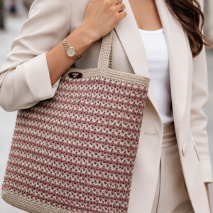 Handgehäkelte Shopper Tasche mit Zickzack-Muster in Rosé und Natur, getragen von Frau im hellen Blazer